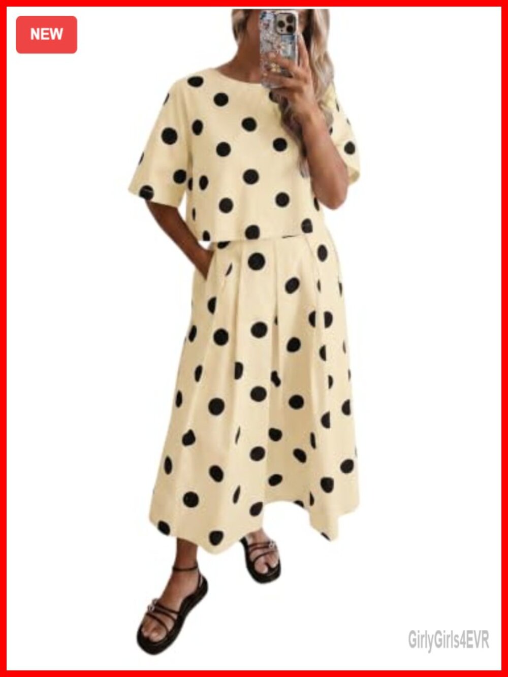 Tankaneo Womens Polka Dot 2 Piece Skirt Set Tie Back Top Pleated Midi